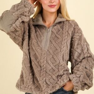 New In Boutique Charcoal Fuzzy Fleece Cozy Cable Pattern Pullover Sweater